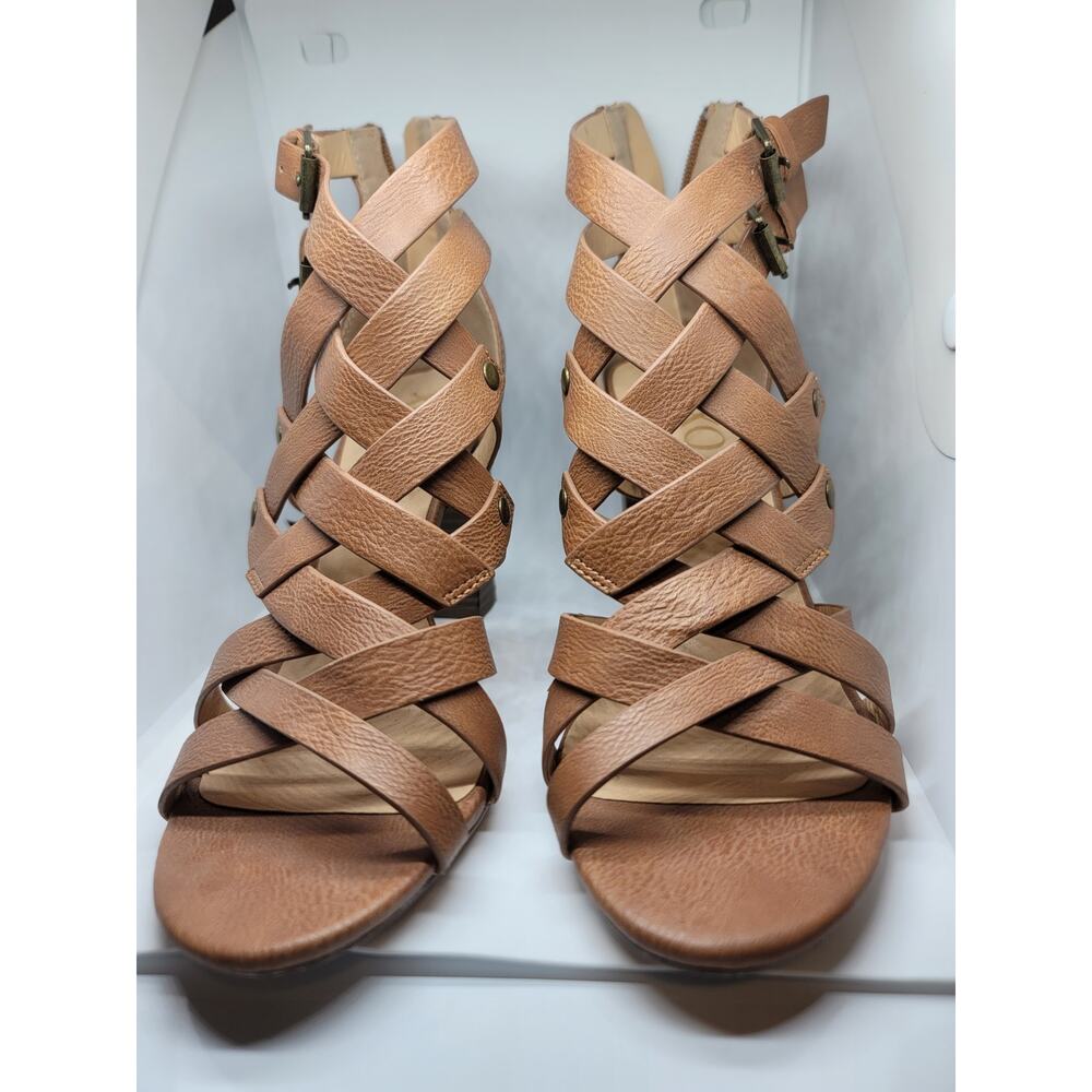 XOXO Bristol Tan Criss Cross Block Heel Sandals